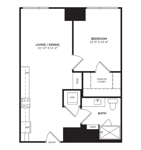 Floor plan for 1 bed, 1 bath, 651 sqft